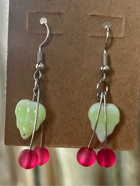 Green Glass Heart & Pink Cherry Dangle Earrings - Women Jewelry